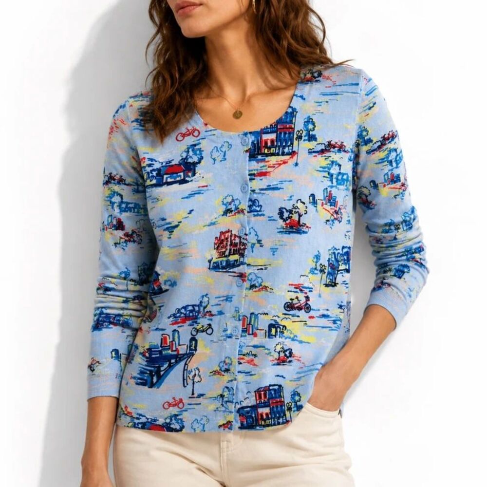 Talbots Petite Medium Paris Scene Cardigan Sweater Blue French Chic Knit